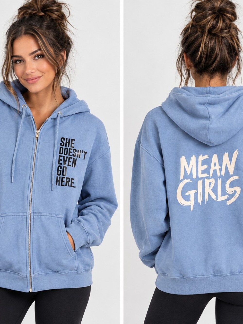 Mean Girls Movie Light Blue Zip Hoodie "She Doesn't Even Go Here" Size L